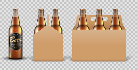 Realistic set of glass Beer bottle in packaging box on transparent background. Beer template Mockup for Pub or Bar Branding design. Vector illustration.