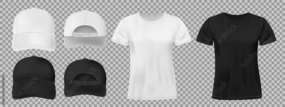 Set of sports wear template. Black and white baseball cap and t-shirt mockup, front and back view. vector illustration - obrazy, fototapety, plakaty 
