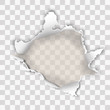 Ultra violet torn paper with ripped edges and rooled up sides, round shaped hole isolated on transparent background realistic Vector illustration