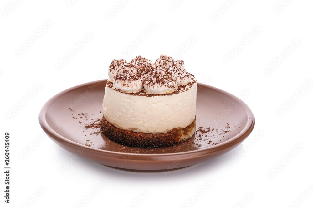 Plate with tasty tiramisu on white background