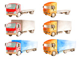 Fototapeta Pokój dzieciecy - Watercolor a collection of trucks with a red and orange cabin, but different open and closed bodies on a white background isolated for business cards, children's cards. Cargo transportation.