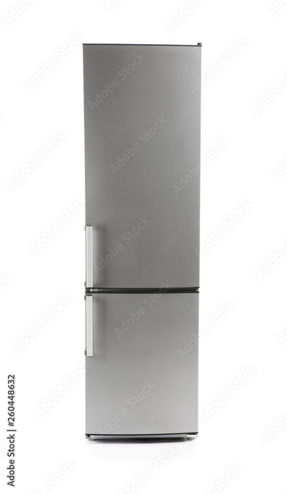 Modern fridge on white background