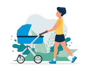 Wall Mural - Happy man with a baby carriage in the park. Vector illustration in flat style, concept illustration for healthy lifestyle, motherhood.