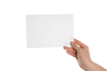 Female Hand With Blank Invitation Card On White Background