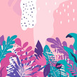 © blossomstar - Tropical jungle leaves and flowers background. Colorful tropical poster design. Exotic leaves, flowers, plants and branches art print. Botanical pattern, wallpaper, fabric vector illustration design