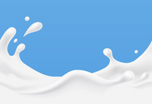 Milk Splash Seamless Pattern. 3d Realistic Yogurt Wave Border On Blue Background. Vector Milky Package Design.