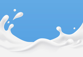 Milk splash seamless pattern. 3d realistic yogurt wave border on blue background. Vector milky package design.