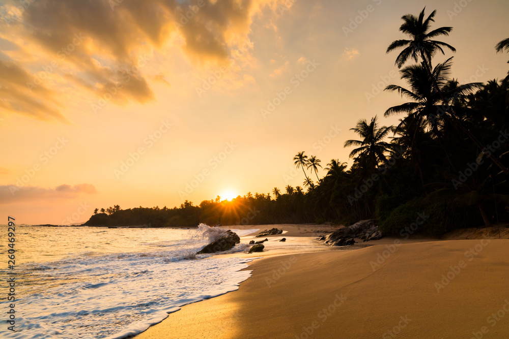 Romantic sunset on a tropical beach with palm trees - obrazy, fototapety, plakaty 