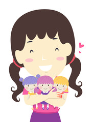 Wall Mural - Kid Girl Hug Three Dolls Illustration