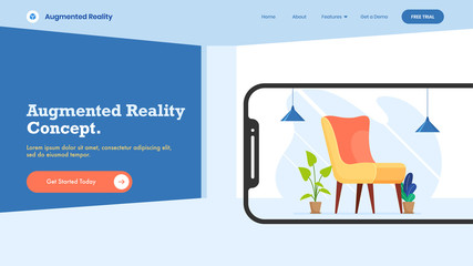 Isometric interior design connected with smartphone device, Augmented reality Concept website template for web page.