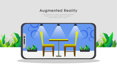 Wall Mural - isometric interior design connected with smartphone device, augmented reality concept website templa