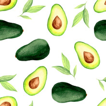  Watercolor Pattern With Avocado, A Slice Of Avocado, Avocado Leaves On A White Background