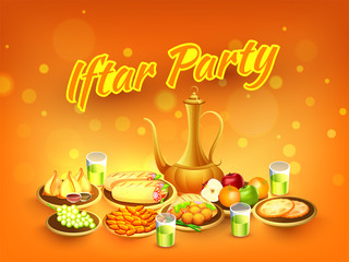 Sticker - Elegant banner or poster design with illustration of food, jug and glass for Islamic Holy Month fasting, Iftar Party celebration.