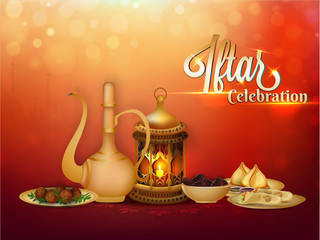 Poster - Iftar Party Celebration banner or poster design with illustration of food, jug and glass of Islamic, space for your text.