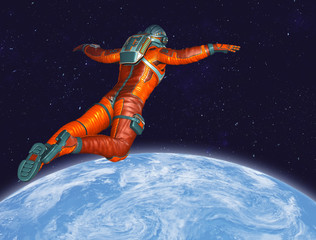 Wall Mural - Astronaut floating above Planet Earth. Elements of this image furnished by NASA. 3D rendering.
