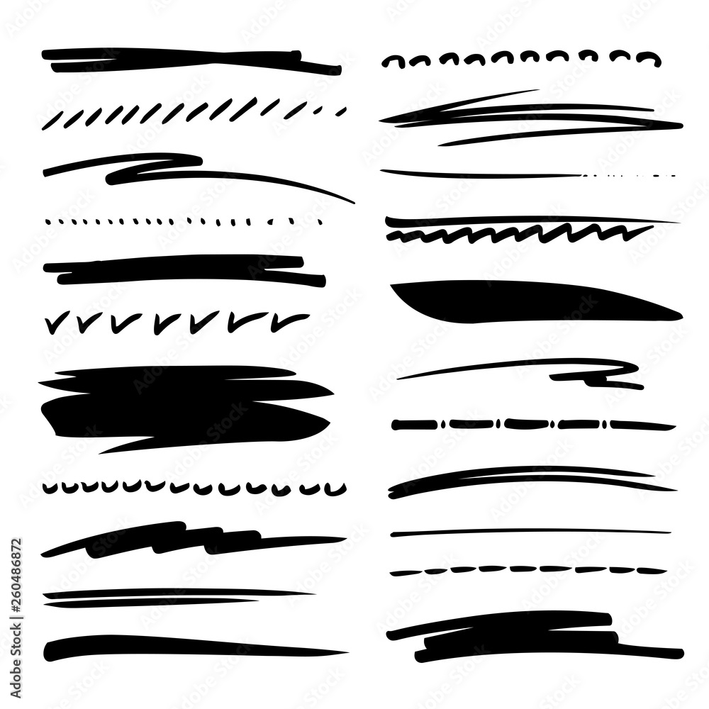 Hand drawn collection set of underline strokes in marker brush doodle ...