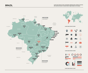 Wall Mural - vector map of brazil. high detailed country map with division, cities and capital brasilia. politica