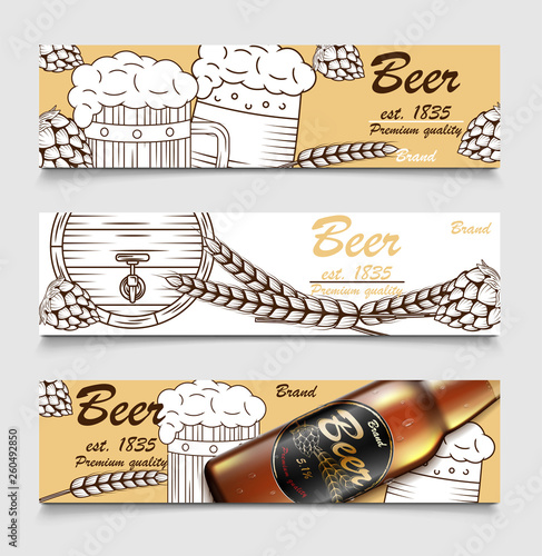 Set Of Cartoon Banners With Beer Glasses Bottle And Hops Beer