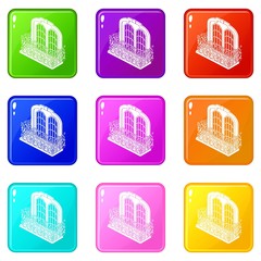 Castle balcony icons set 9 color collection isolated on white for any design