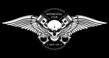 Vector Image Of A Skull With Pistons And Wings. Black And White Image Of A Motorcycle Club Emblem.