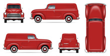 Retro Delivery Van Vector Mockup For Vehicle Branding, Advertising, Corporate Identity. Isolated Template Of Realistic Old Truck On White Background. All Elements In The Groups On Separate Layers