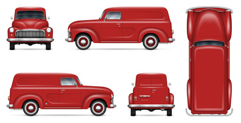 Retro delivery van vector mockup for vehicle branding, advertising, corporate identity. Isolated template of realistic old truck on white background. All elements in the groups on separate layers