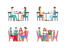 People Relaxing In Pub Drinking Beer Vector. Restaurant With Family, Child Eating Ice Cream, Father Drinking Tea Couple With Served Latte Beverage