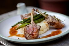 Lamb Rack With Mashed Potatoes, Green Beans And Red Wine Jus 