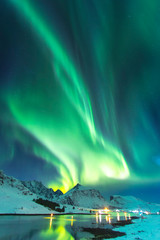northern lights in winter time in norway, amazing view at night