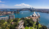 Aerial view from the Parade Ground gardens looking towards  the beautiful harbour in Sydney, Australia
