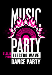 Wall Mural - Vector poster or playbill for a dance music party in the night club with audio speaker on the black background. Can be used for flyer, playbill, poster, t-shirt design, banner, tickets