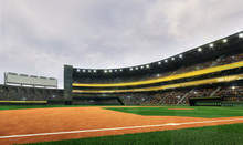 Modern Baseball Stadium Playground Field In Cloudy Daylight Weather, Public Sport Building 3D Render Background