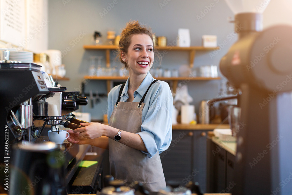 Woman working in coffee shop - obrazy, fototapety, plakaty 