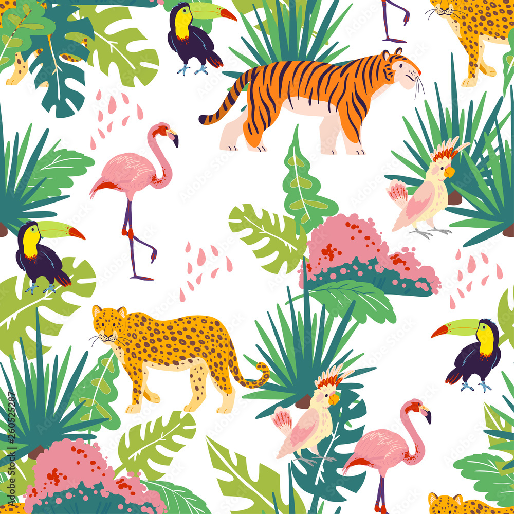 Papel de parede Vector flat tropical seamless pattern with hand drawn jungle plants and elements, animals, birds isolated