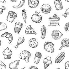 A Seamless Background Vector Sketch Pattern Of Deli Grocery Food And Drink: Coffee, Soda, Meat, Vegetables, Bakery