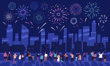 Crowd Of People Watching Fireworks Displaying In Dark Evening Sky And Celebrating Holiday Against City Buildings. Festival Celebration, Pyrotechnics Show. Flat Cartoon Colorful Vector Illustration.