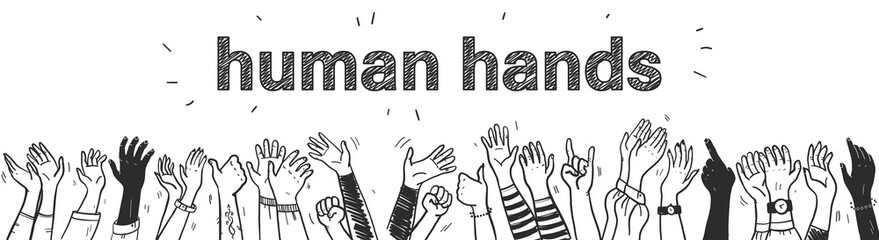 Vector hand drawn sketch style illustration with black colored human hands different skin colors greeting & waving isolated on white background. Crowd, party, sale concept. For advertising, packaging.