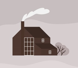 Fototapete - Facade of town house or cottage in Scandic style. Wooden Scandinavian building with fence. Modern suburban residence or dwelling, farmstead, household or ranch. Monochrome vector illustration.