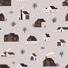 Fototapete - Seamless pattern with wooden living houses or suburban cottages in Scandinavian style. Backdrop with countryside residential building. Flat monochrome vector illustration for wallpaper, fabric print.