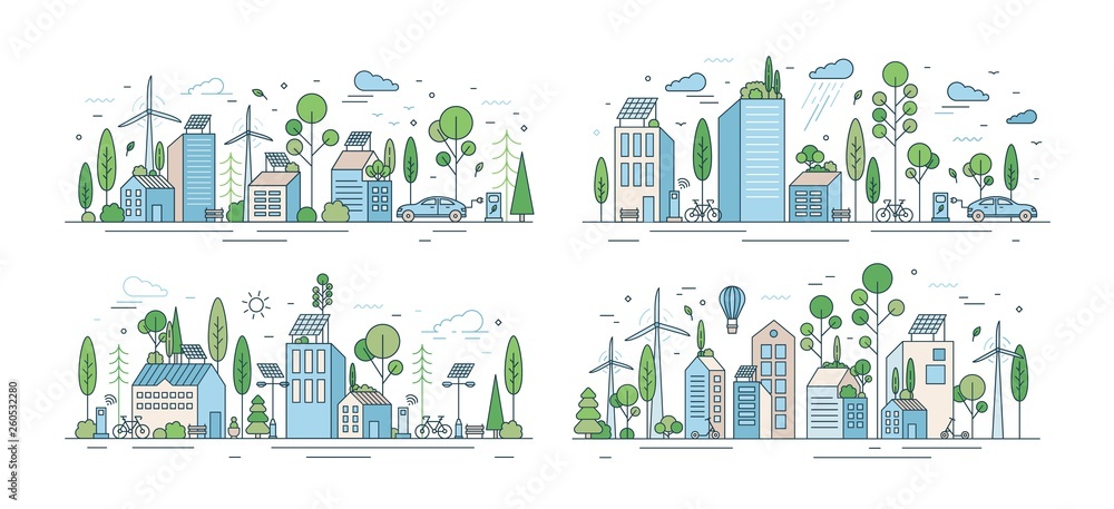 Collection of cityscapes or urban landscapes with eco city using ecologically friendly technologies - wind power, solar energy, electric transport. Modern vector illustration in line art style. - obrazy, fototapety, plakaty 