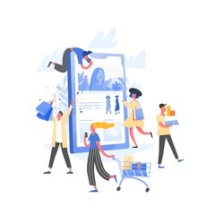 Wall Mural - Composition with crowd of crazy customers or shopaholics carrying shopping carts with purchases, bags and boxes and giant tablet PC. Online store or internet shop sale. Flat vector illustration.