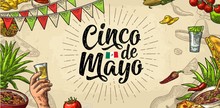 Cinco De Mayo Lettering And Mexican Traditional Food. Vector Engraving