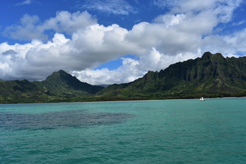 Mountains along the Pacific Ocean. Dense jungle growing around and up the steep slopes under a beautiful blue sky