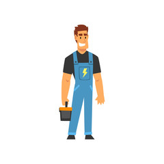 Sticker - Smiling Professional Electrician with Toolbox, Electric Man Character in Blue Overalls at Work Vector Illustration