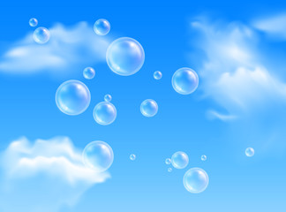 Wall Mural - Vector transparent flying soap bubbles on blue sky background with white clouds