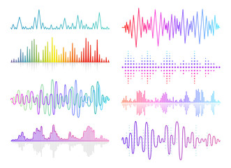 Vector music sound waves set. Audio digital equalizer technology, console panel, pulse musical.