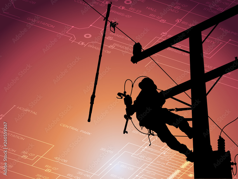 The silhouette power lineman disconnect the cable to replace the defective device that causes power outage. Before returning power to the power user. Background is single line diagram of distribution. - obrazy, fototapety, plakaty 