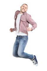 Poster - Jumping young man on white background