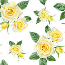 Seamless Pattern With Yellow Roses And Leaves. Watercolor Hand Drawn Background.