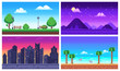 Pixel art landscape. Summer ocean beach, 8 bit city park, pixel cityscape and highlands landscapes arcade game vector background